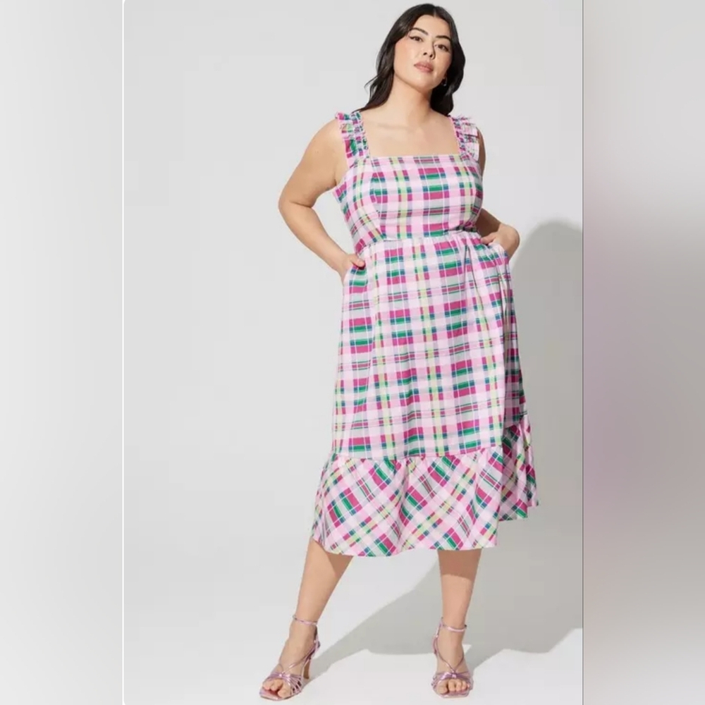 Torrid NWT Pink and Green Plaid Midi Dress